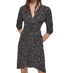 All Saints Josephine Waterleo Ruched Leopard Print Dress Khaki Green US 4